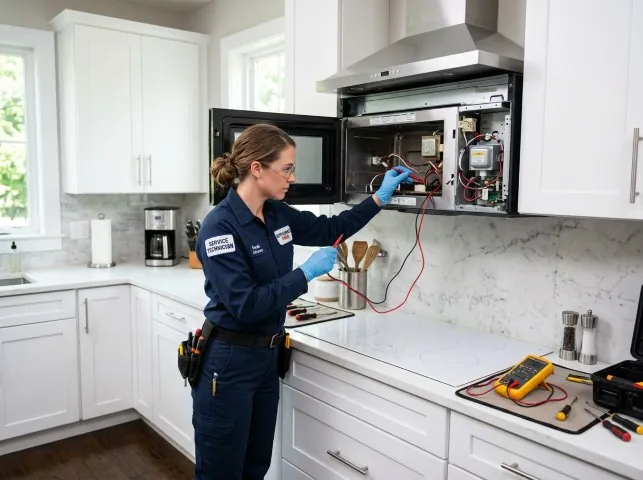 Appliance Repair Hero technician testing an over-the-range microwave in a Bigelow, AR kitchen